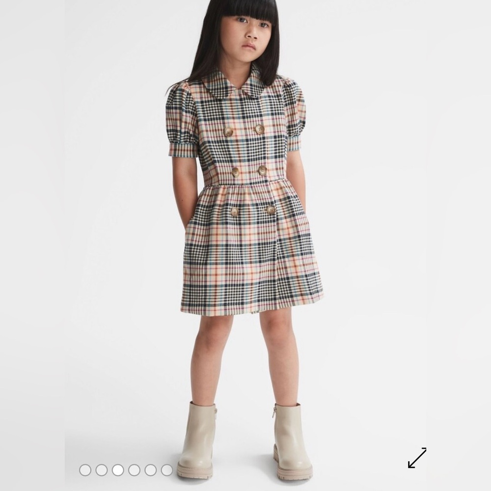 Reiss Puff Sleeve Check Dress in Beige Check